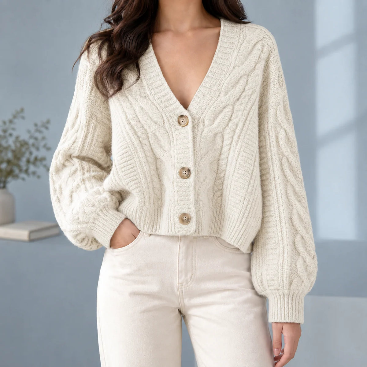 Chaqueta de punto trenzado para mujer con mangas abullonadas