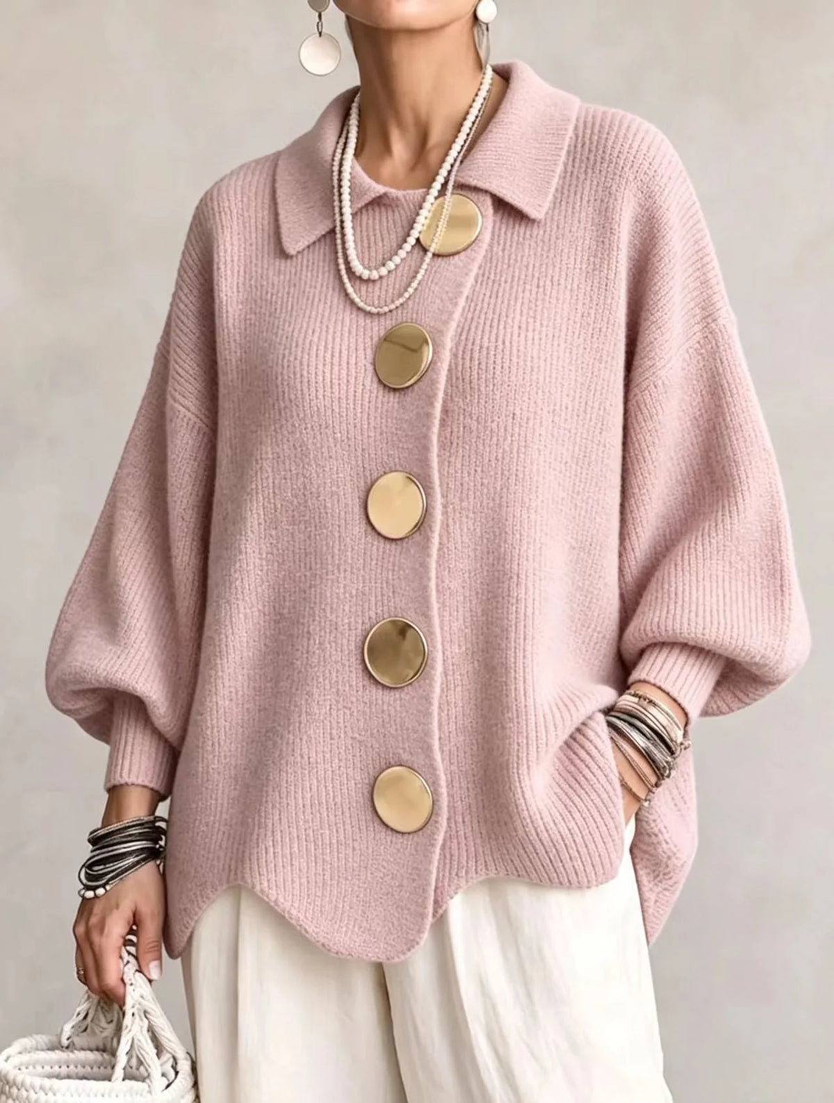 Cardigan de punto grueso para mujer con mangas farol y botones dorados