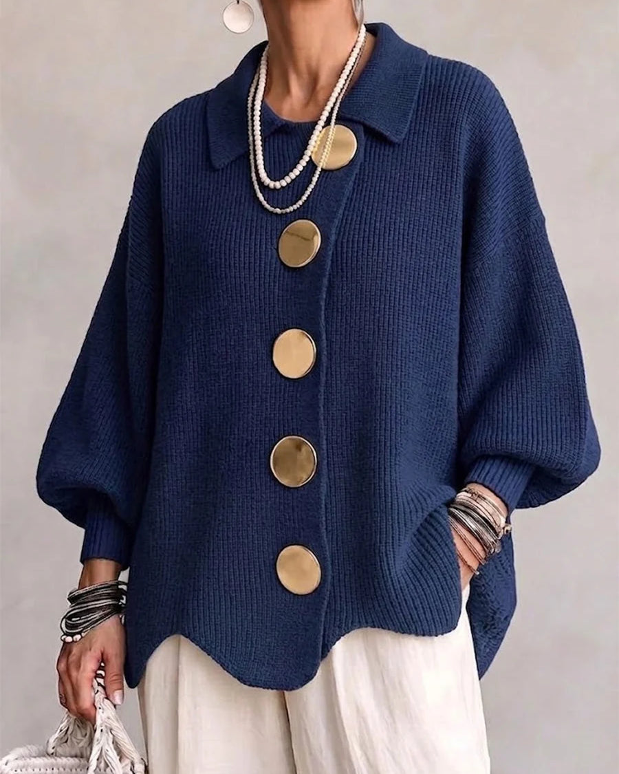 Cardigan de punto grueso para mujer con mangas farol y botones dorados