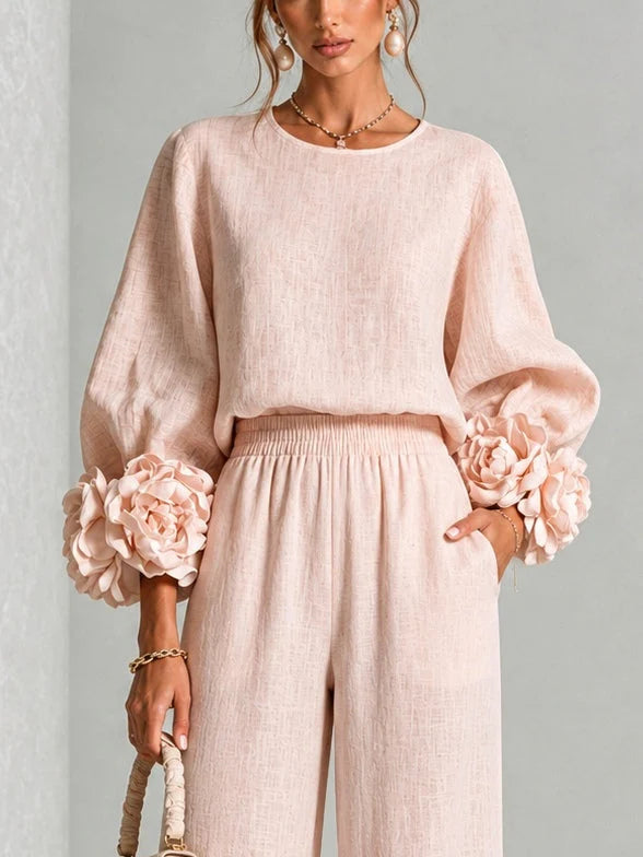 Conjunto de dos piezas para mujer de mezcla de lino con mangas con flores en relieve