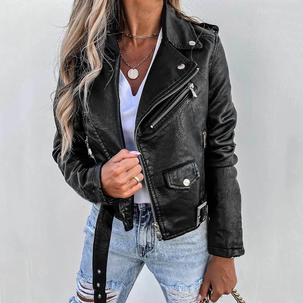 Chaqueta de motociclista de cuero para mujer con cinturón ajustable en la cintura