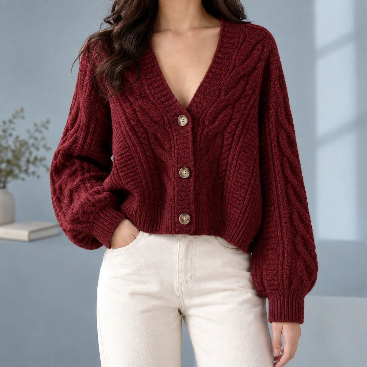 Chaqueta de punto trenzado para mujer con mangas abullonadas