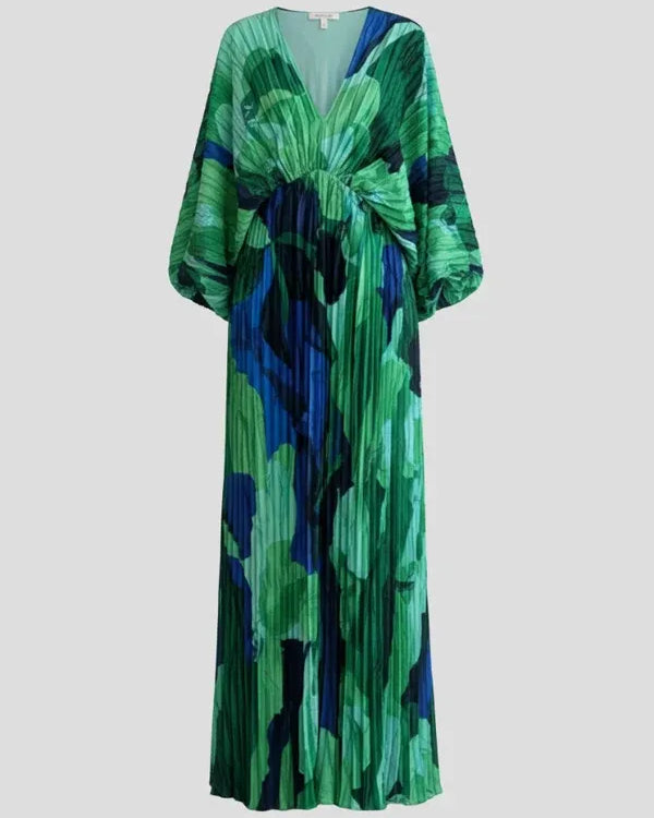 Women's Maxi Dress with Pleats and Puff Sleeves