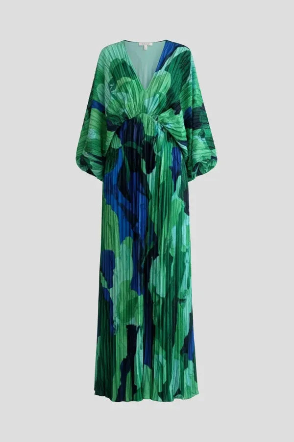 Women's Maxi Dress with Pleats and Puff Sleeves