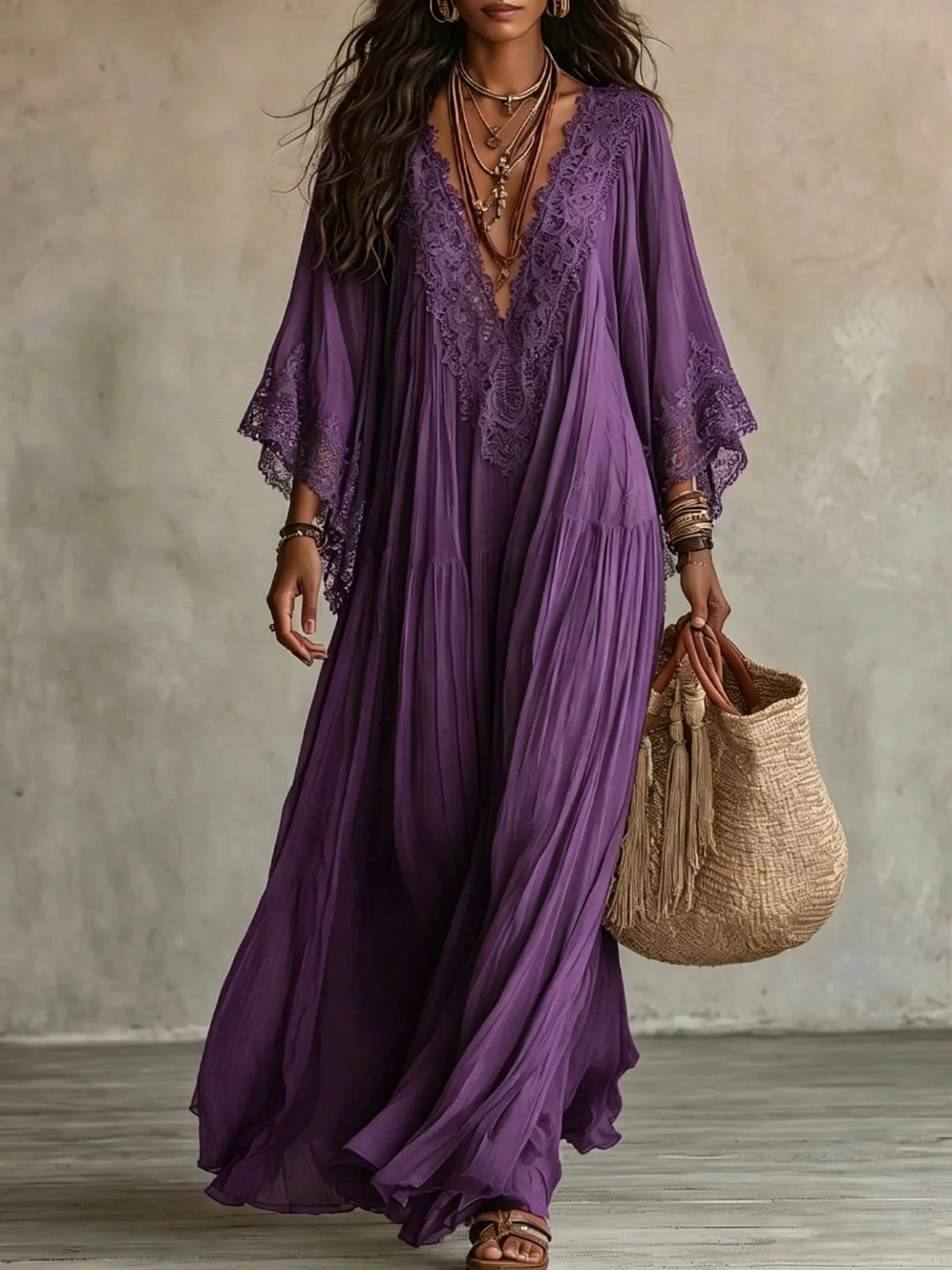 Vestido largo de mezcla de lino para mujer con mangas de encaje