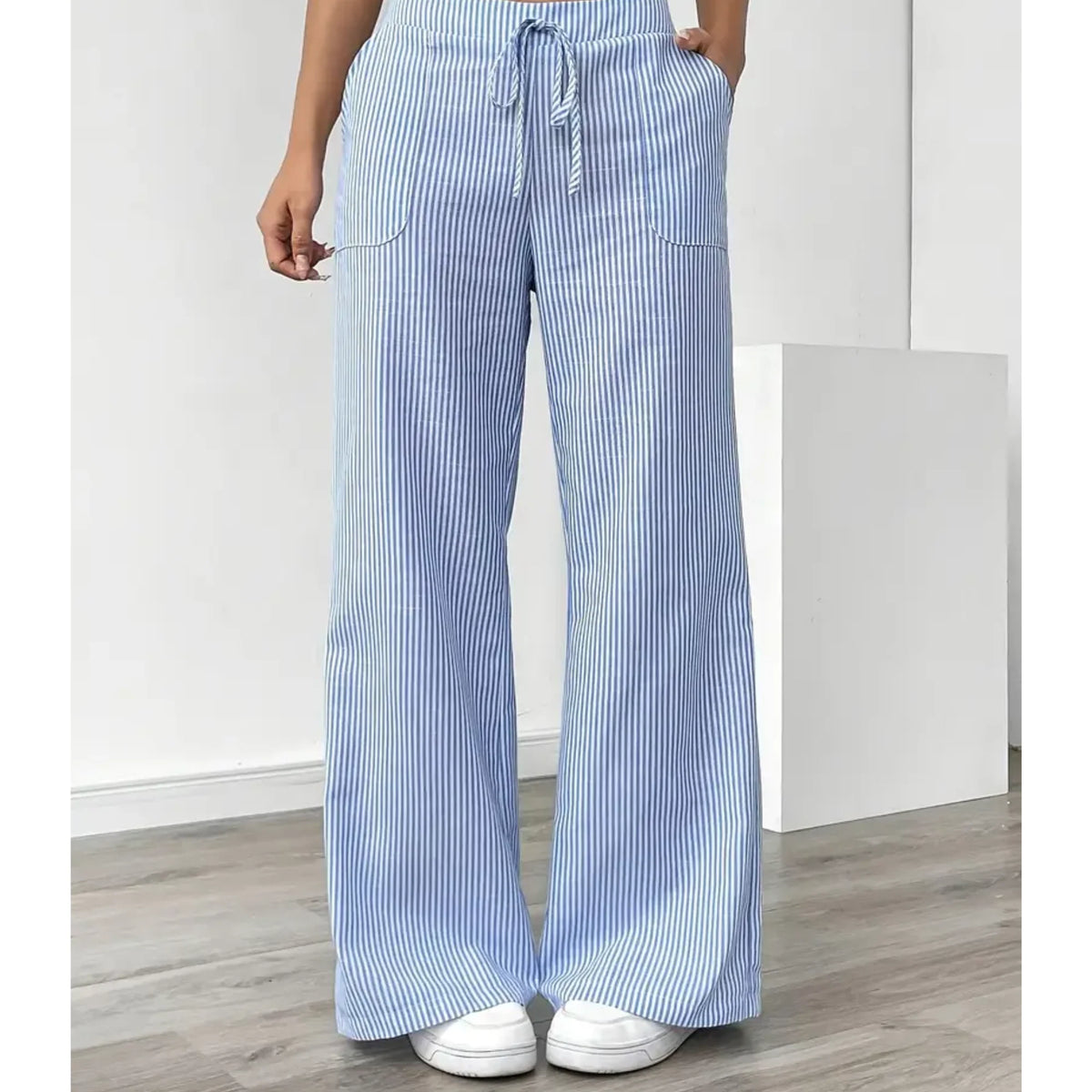 Pantalones palazzo para mujer con cintura de cordón y bolsillos