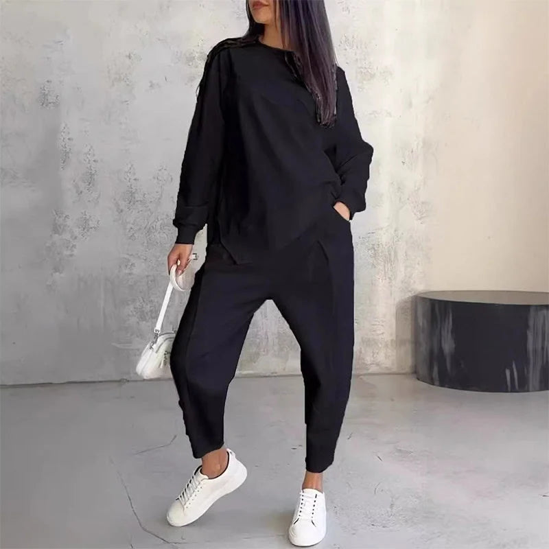 Conjunto de sudadera para mujer de mezcla de algodón con dobladillo asimétrico