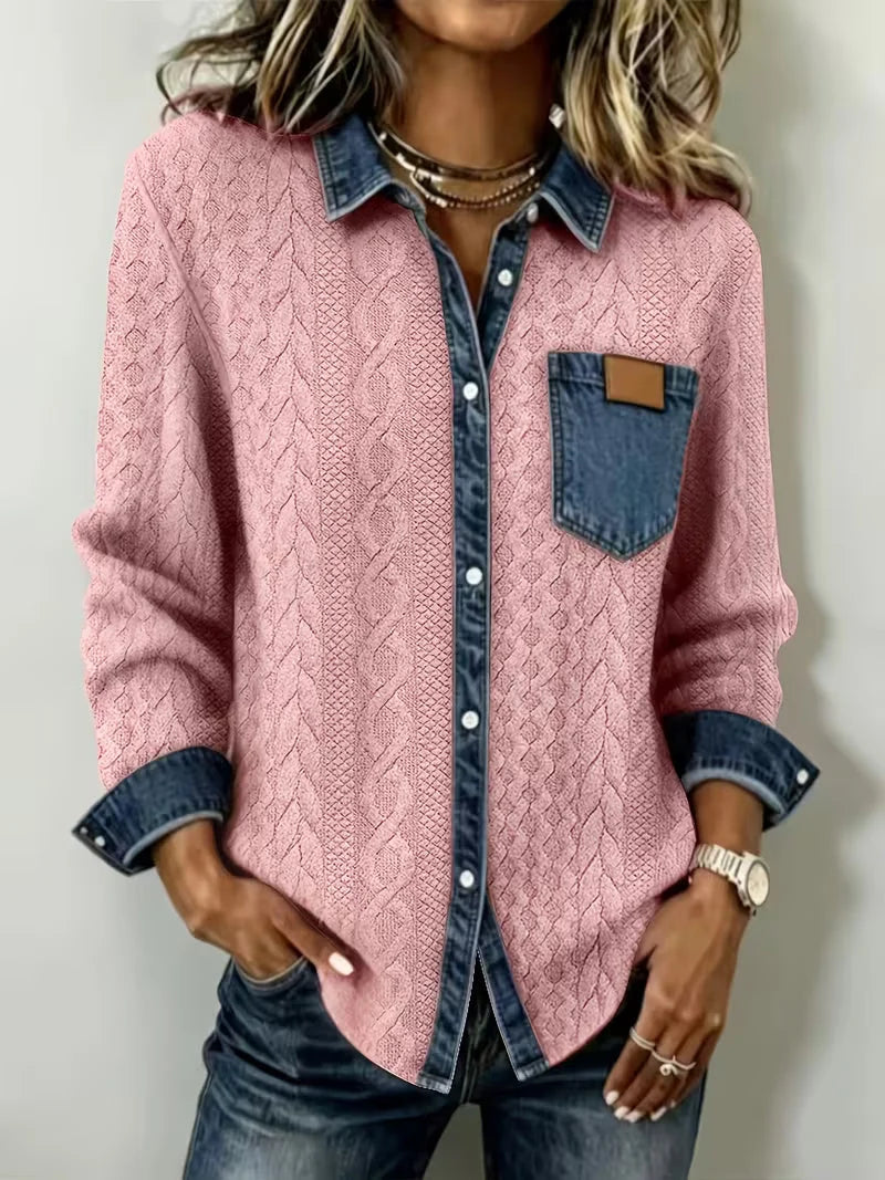 Camiseta de manga larga trenzada para mujer con aplicaciones de tela vaquera