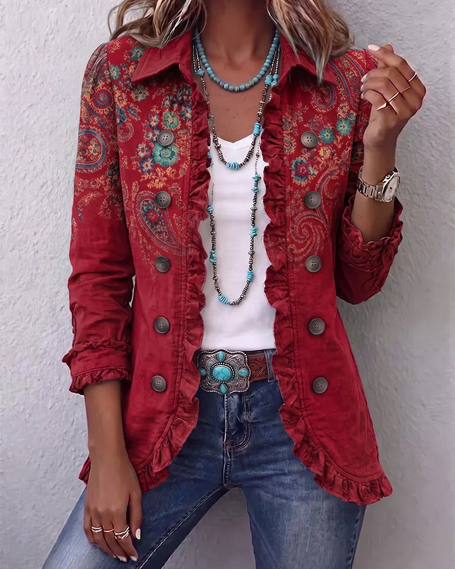 Chaqueta de mujer con estampado de paisley y volantes