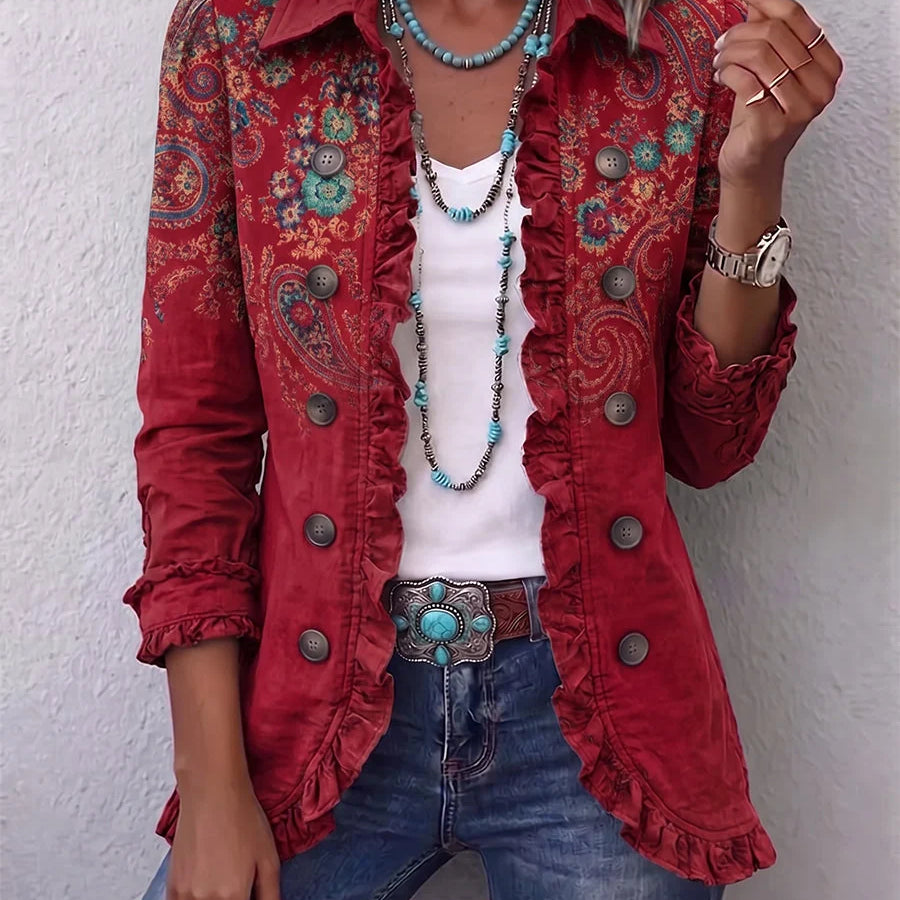 Chaqueta de mujer con estampado de paisley y volantes
