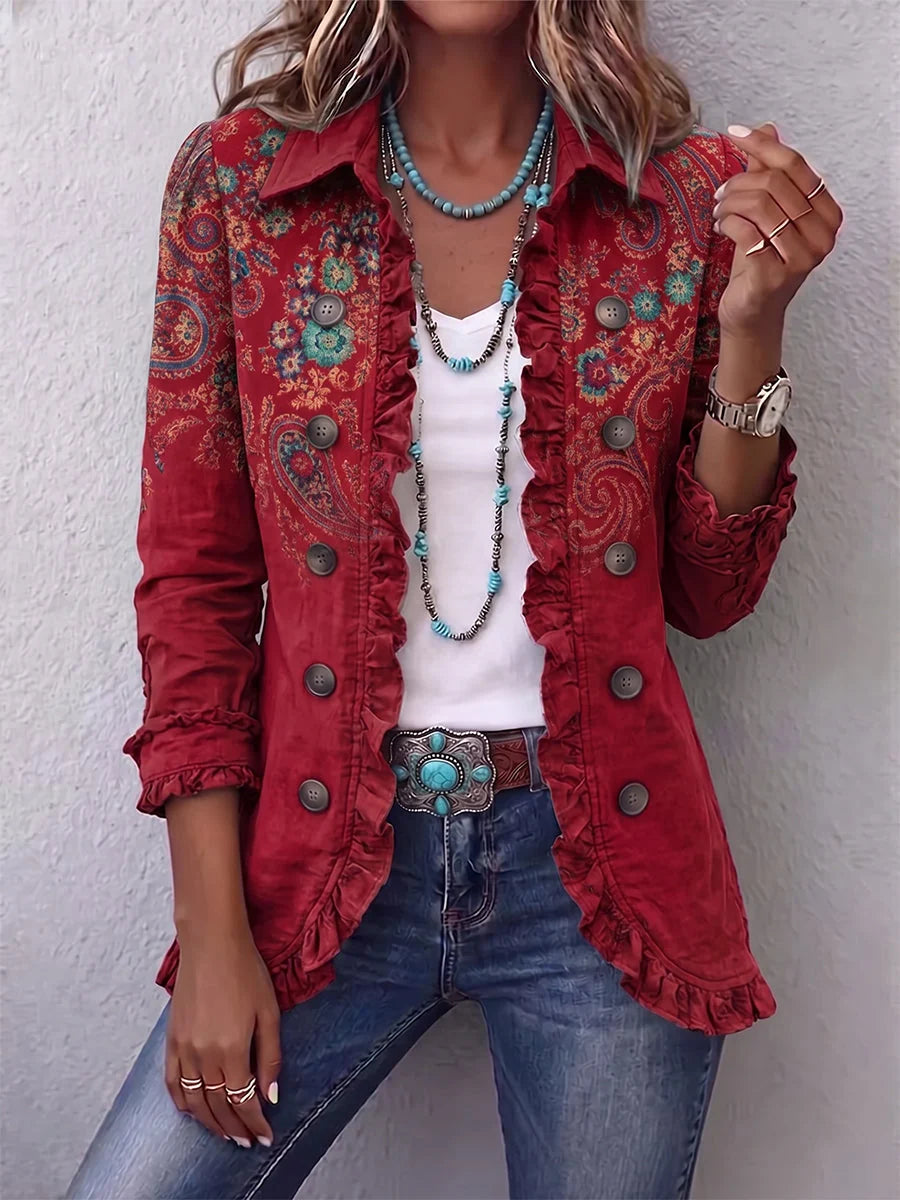 Chaqueta de mujer con estampado de paisley y volantes