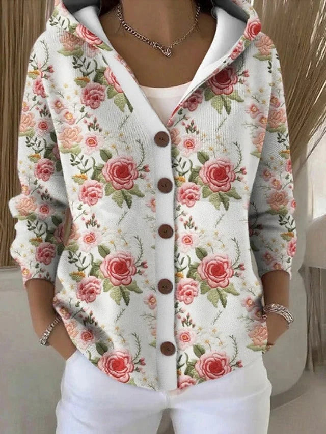 Cárdigan de punto elástico para mujer con capucha y botones