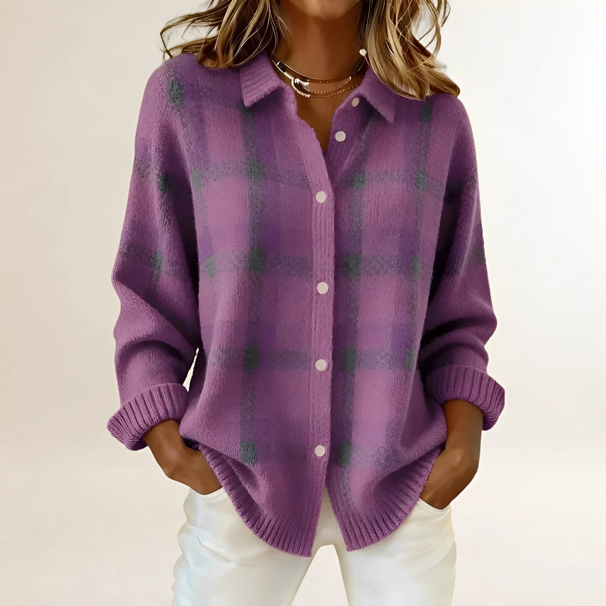 Cardigan de punto para mujer con estampado de cuadros y cuello con solapa