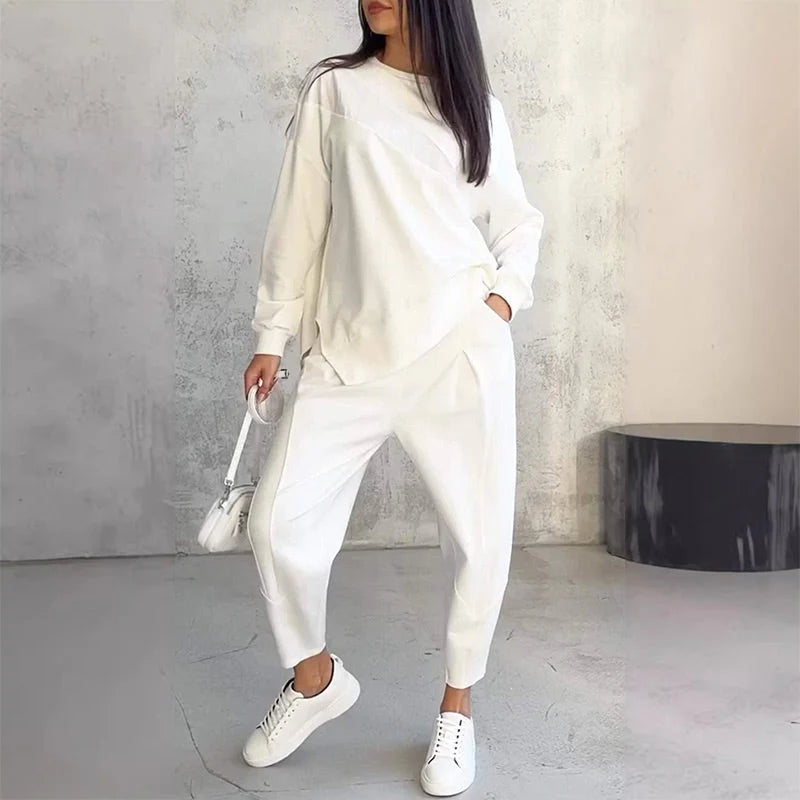 Conjunto de sudadera para mujer de mezcla de algodón con dobladillo asimétrico