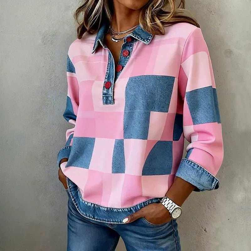 Sudadera tipo polo para mujer con cuello de camisa y botonadura