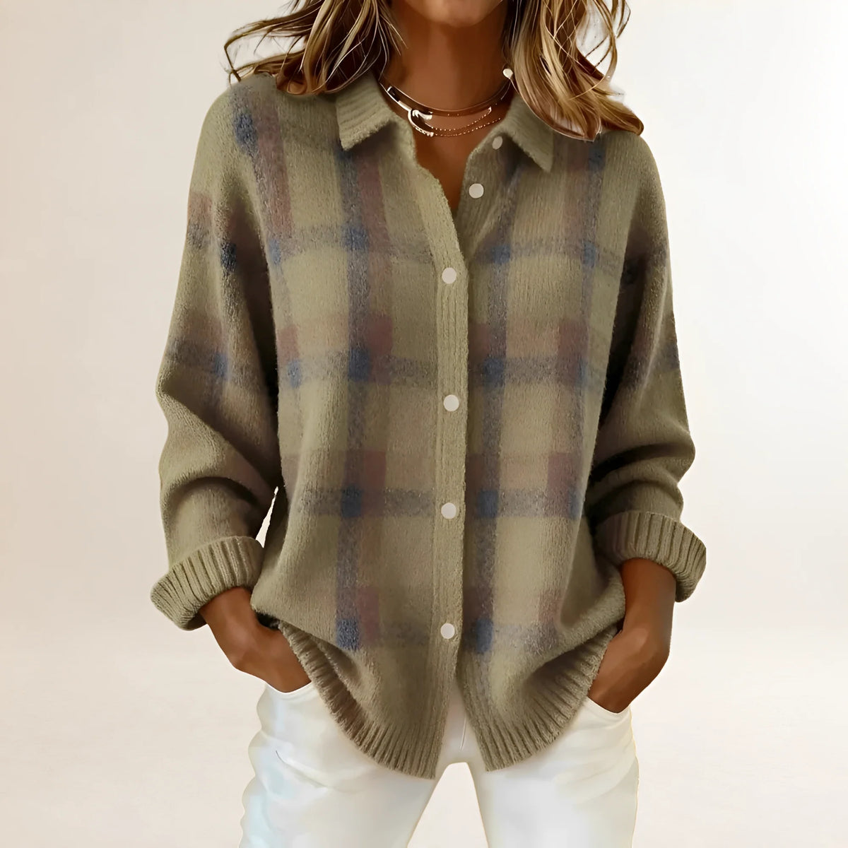 Cardigan de punto para mujer con estampado de cuadros y cuello con solapa