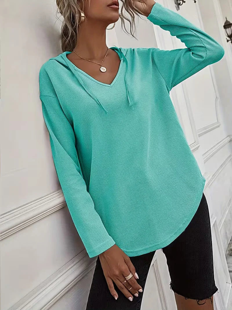 Sudadera con capucha de punto waffle para mujer con cordón