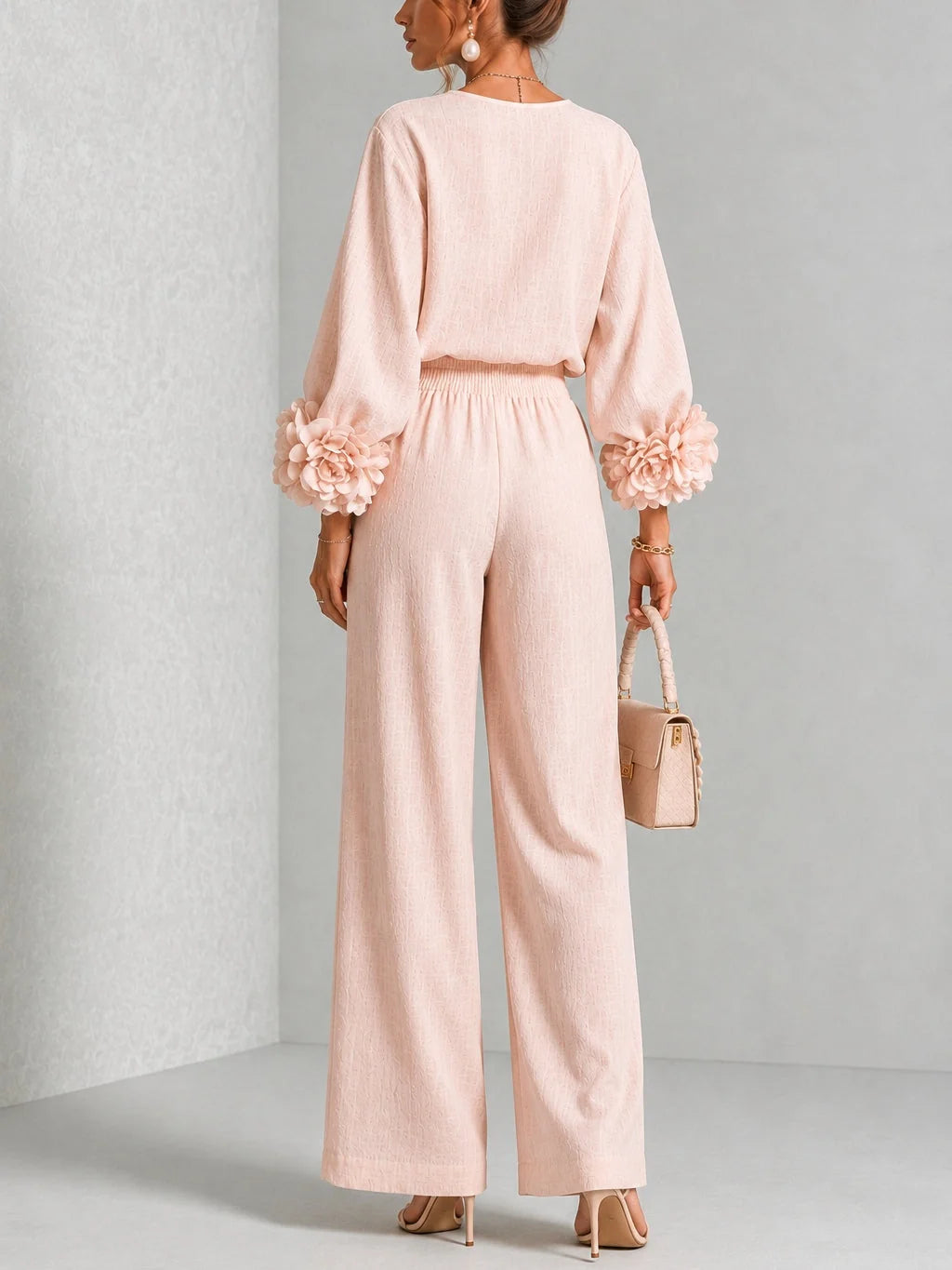 Conjunto de dos piezas para mujer con cintura alta y puños florales