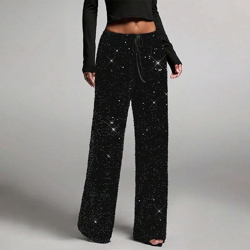 Pantalones de lentejuelas para mujer con cintura ajustable con cordón