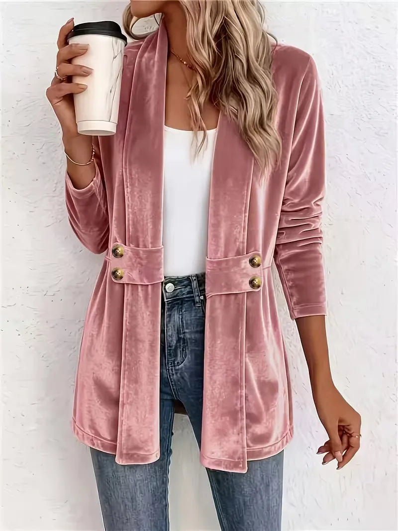 Blazer largo de terciopelo para mujer con solapas en la cintura