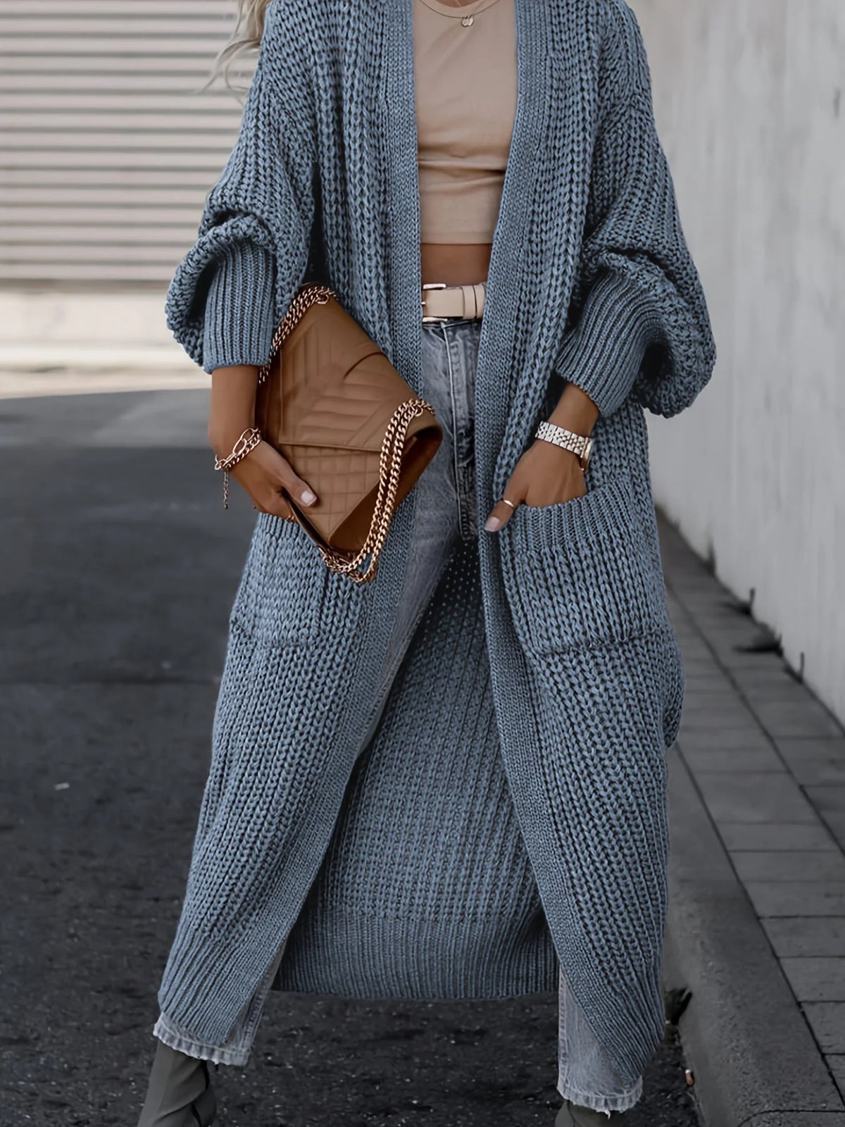 Cardigan maxi de punto fino para mujer con bolsillos laterales
