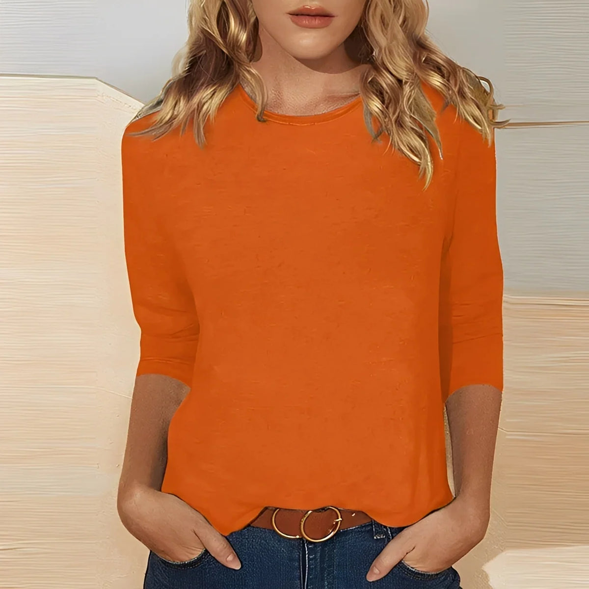 Blusa de manga larga para mujer con cuello redondo