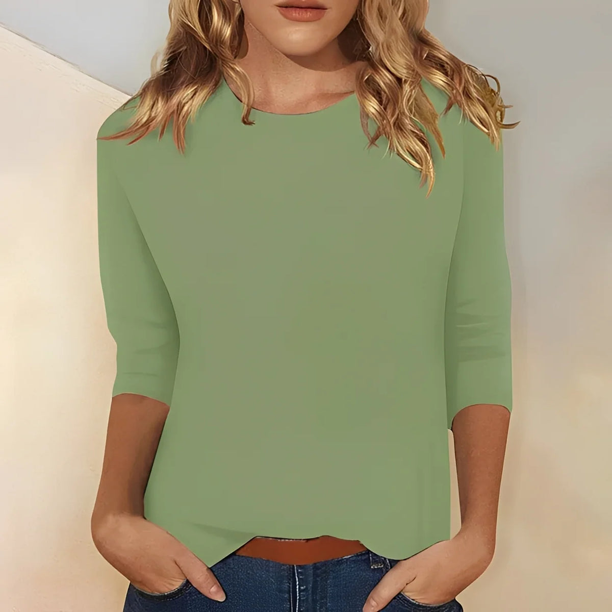 Blusa de manga larga para mujer con cuello redondo
