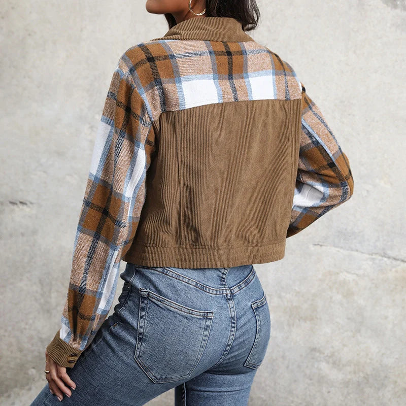 Chaqueta de pana para mujer con mangas a cuadros
