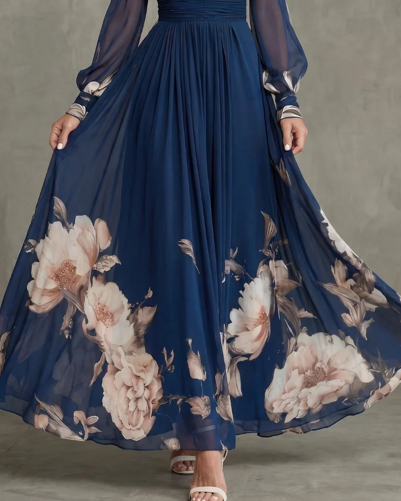 Vestido maxi de mujer con mangas transparentes y cintura fruncida
