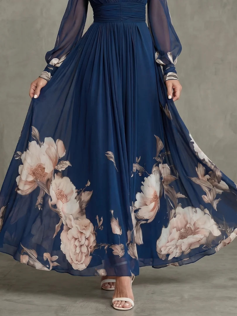 Vestido maxi de mujer con mangas transparentes y cintura fruncida