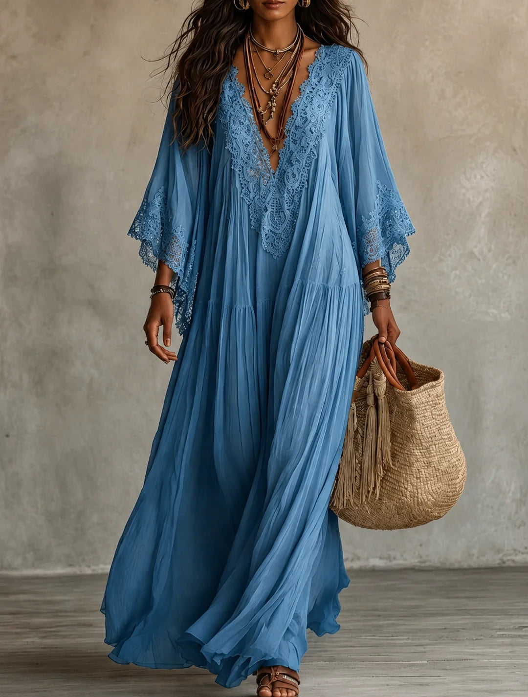 Vestido largo de gasa para mujer con encaje y falda de volantes
