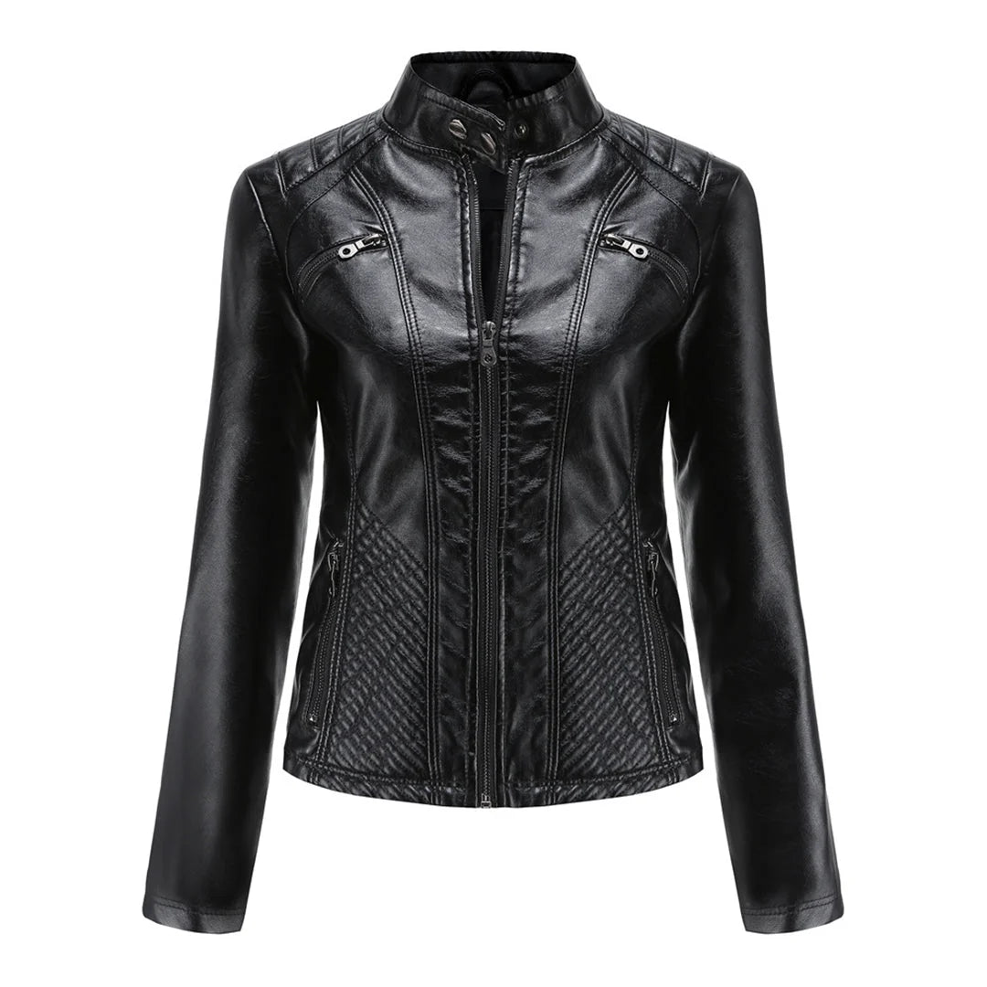Chaqueta de cuero para mujer con cremallera asimétrica