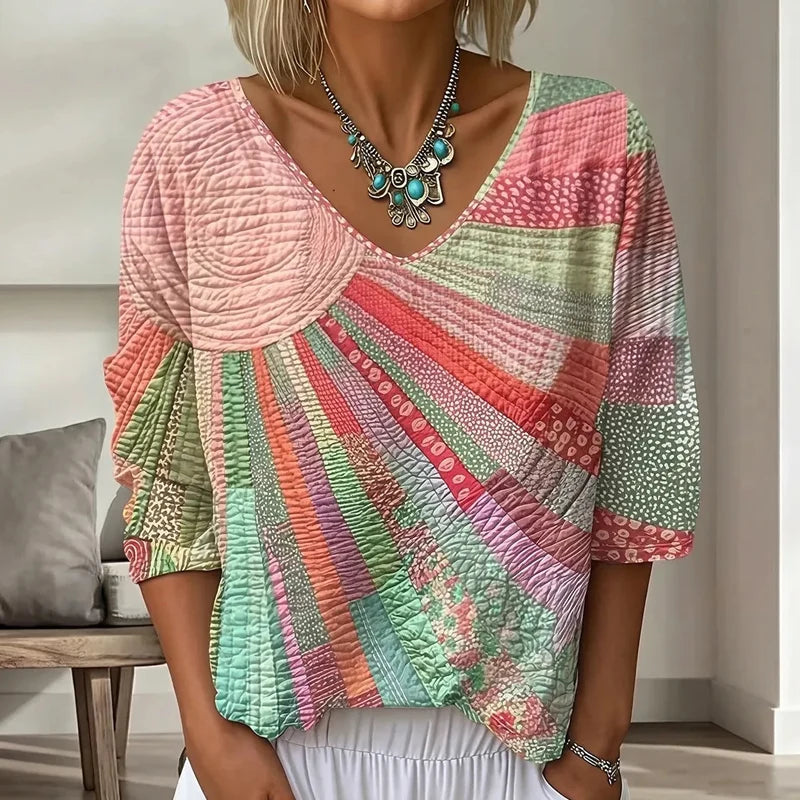 Blusa de parches para mujer con escote en V y mangas 3/4
