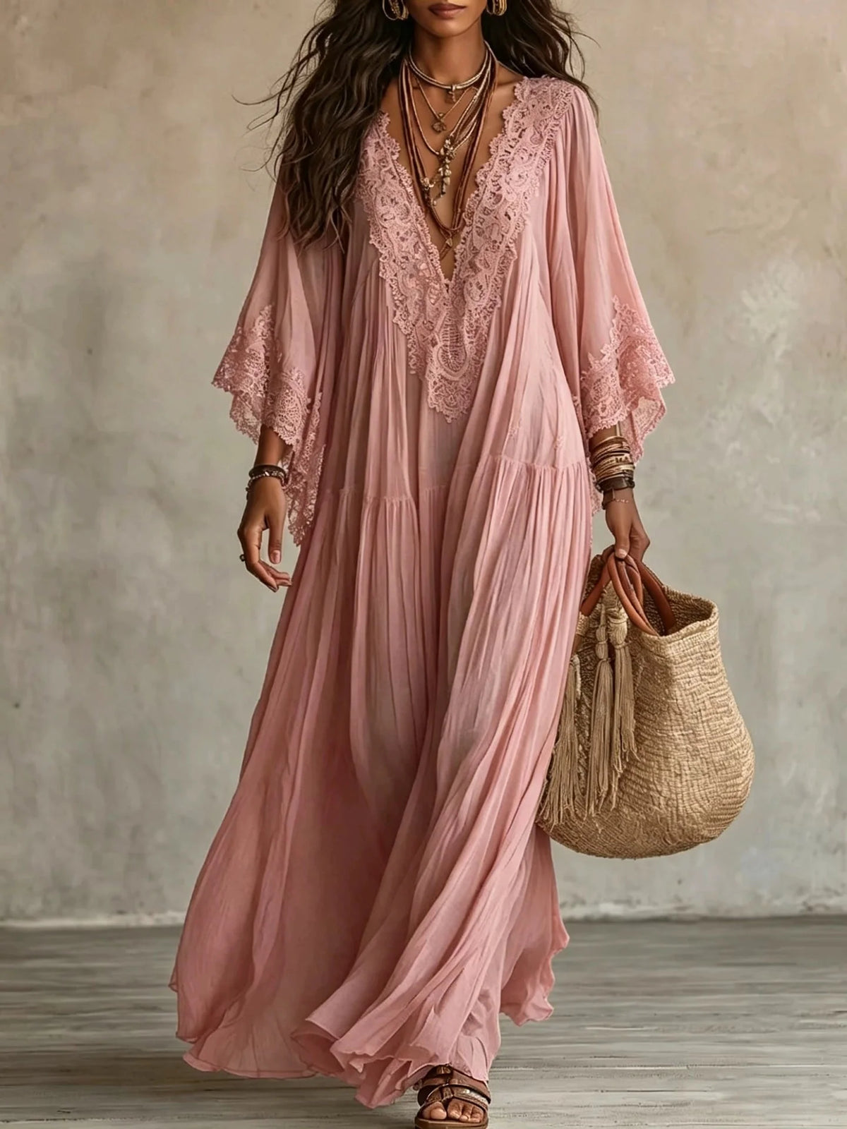 Vestido largo de mezcla de lino para mujer con mangas de encaje
