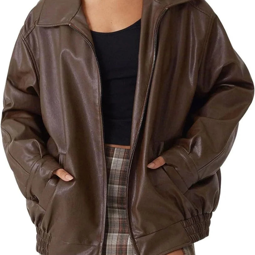 Chaqueta bomber de cuero sintético para mujer con bolsillos laterales profundos