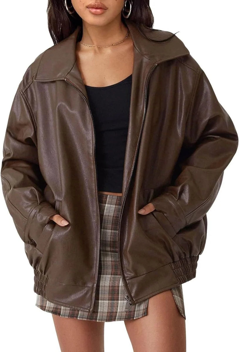 Chaqueta bomber de cuero sintético para mujer con bolsillos laterales profundos