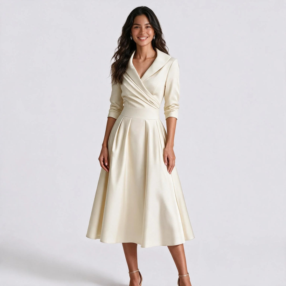 Vestido largo de mujer con costura en la cintura y drapeado