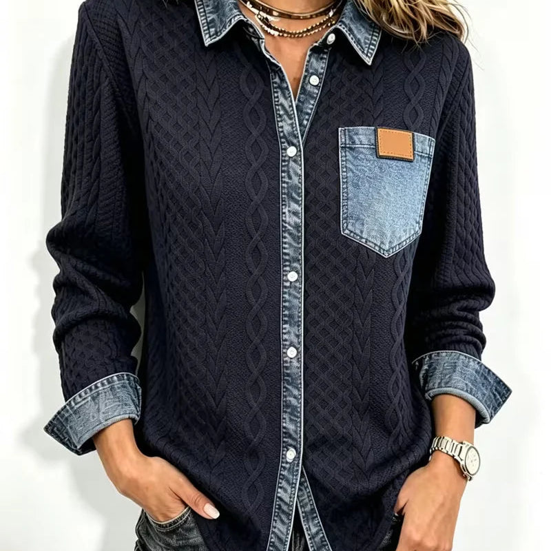 Camiseta de manga larga trenzada para mujer con aplicaciones de tela vaquera