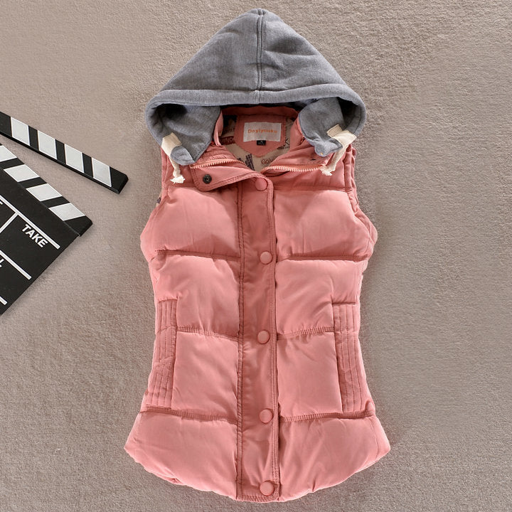 Chaleco térmico acolchado para mujer con capucha en contraste
