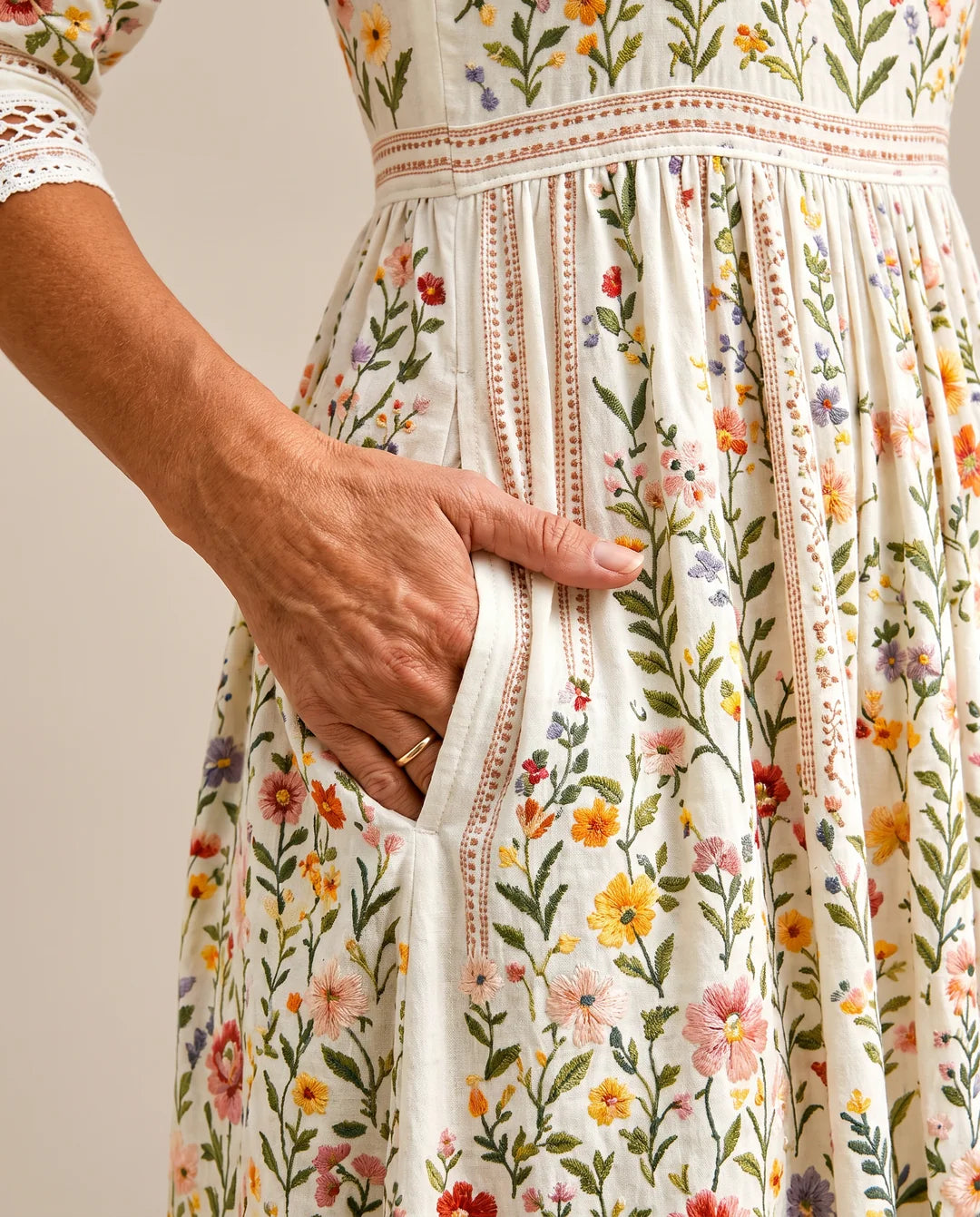 Vestido midi de mujer con encaje y bolsillos laterales