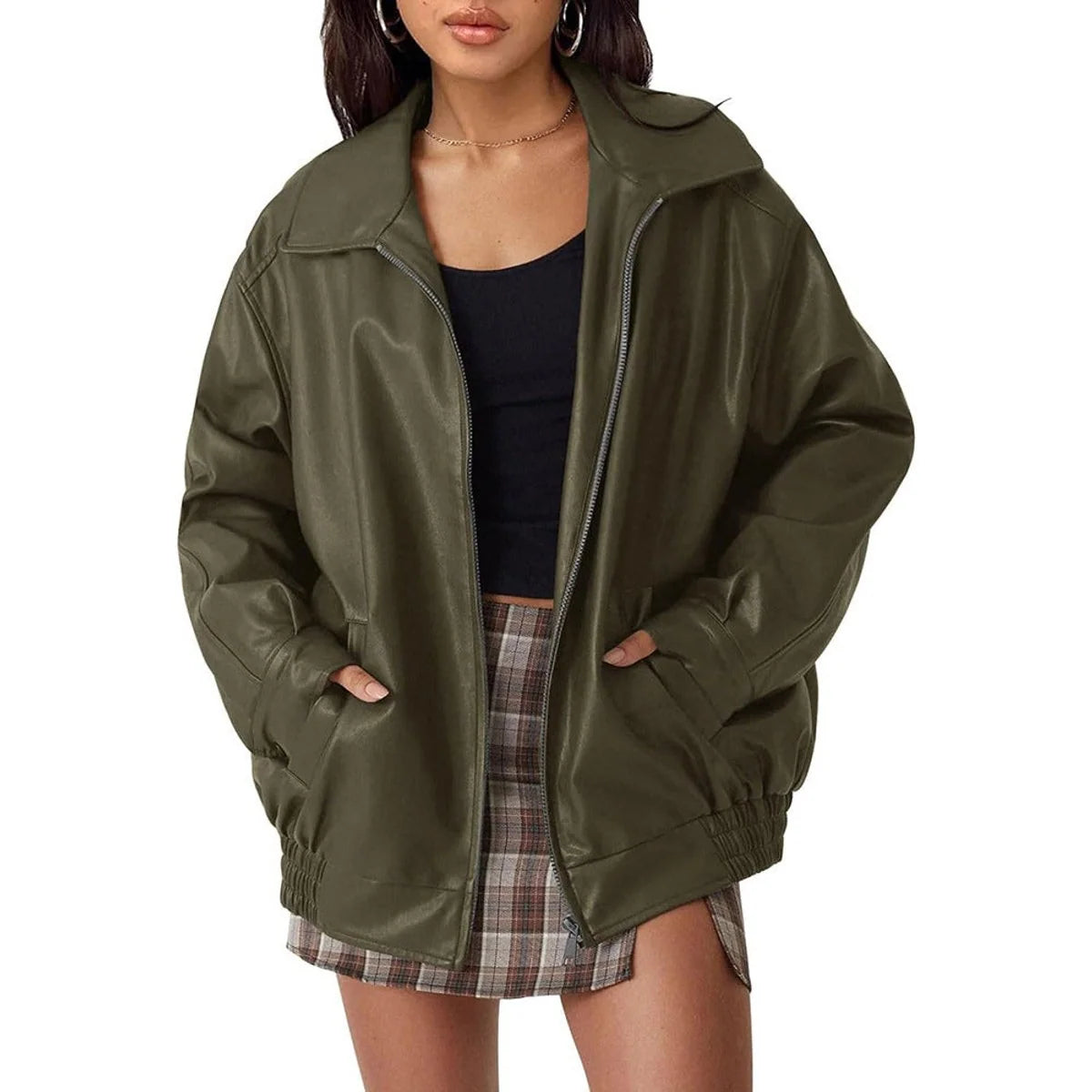 Chaqueta bomber de cuero sintético para mujer con bolsillos laterales profundos