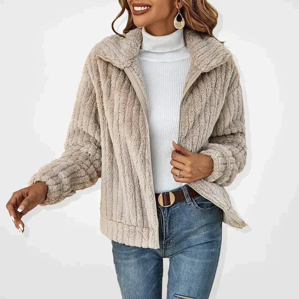 Chaqueta Sherpa extragrande para mujer con cuello de solapa ancho