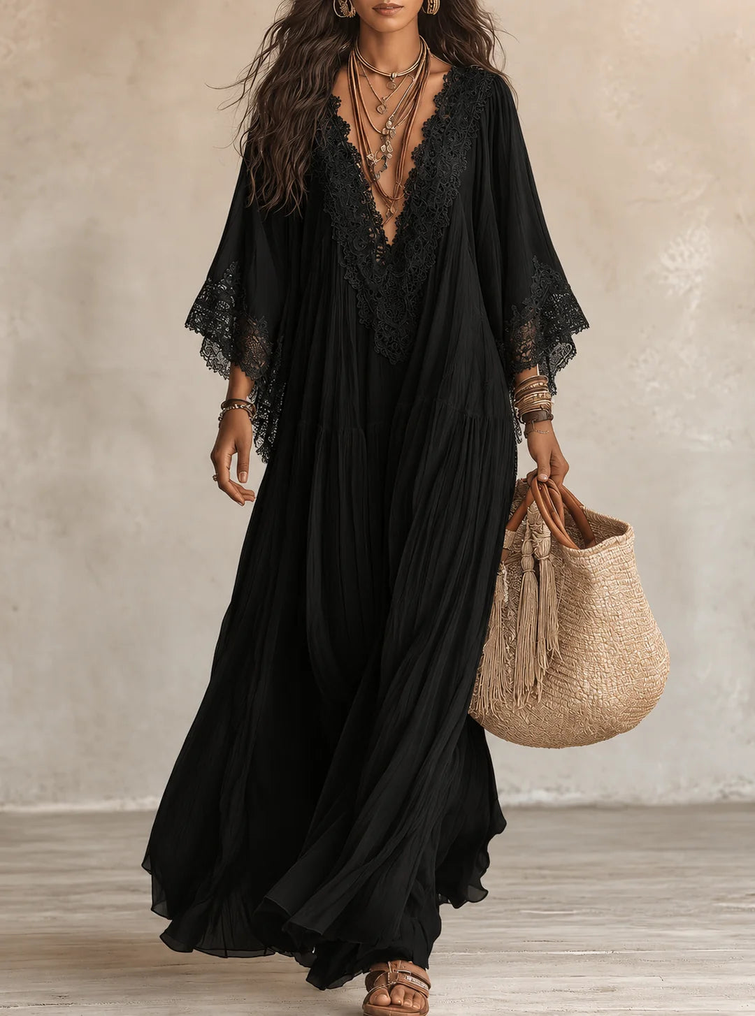 Vestido largo de gasa para mujer con encaje y falda de volantes