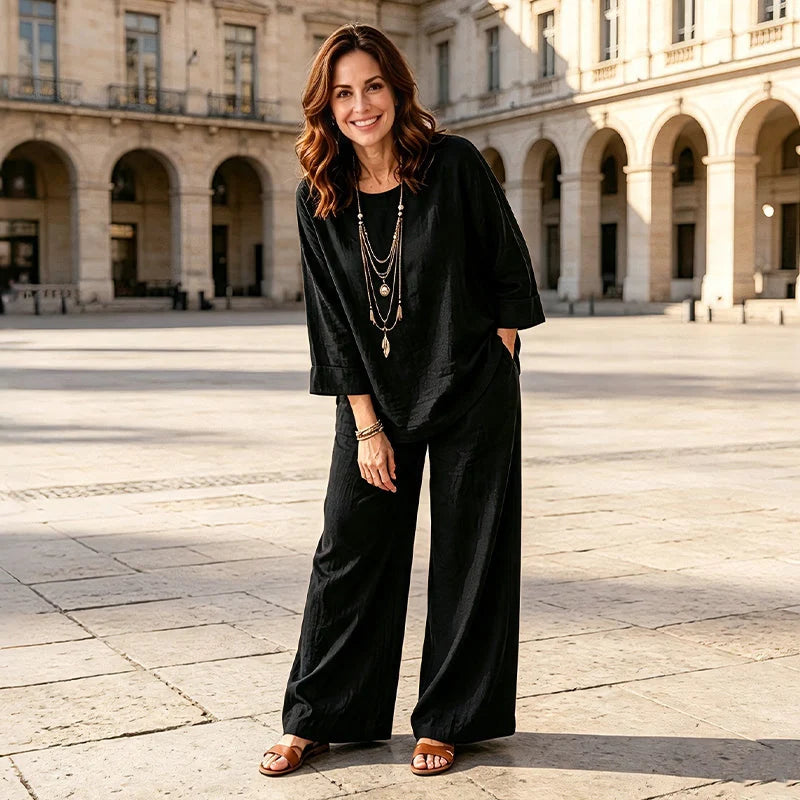 Conjunto de dos piezas para mujer estilo lino con mangas amplias y pantalones anchos