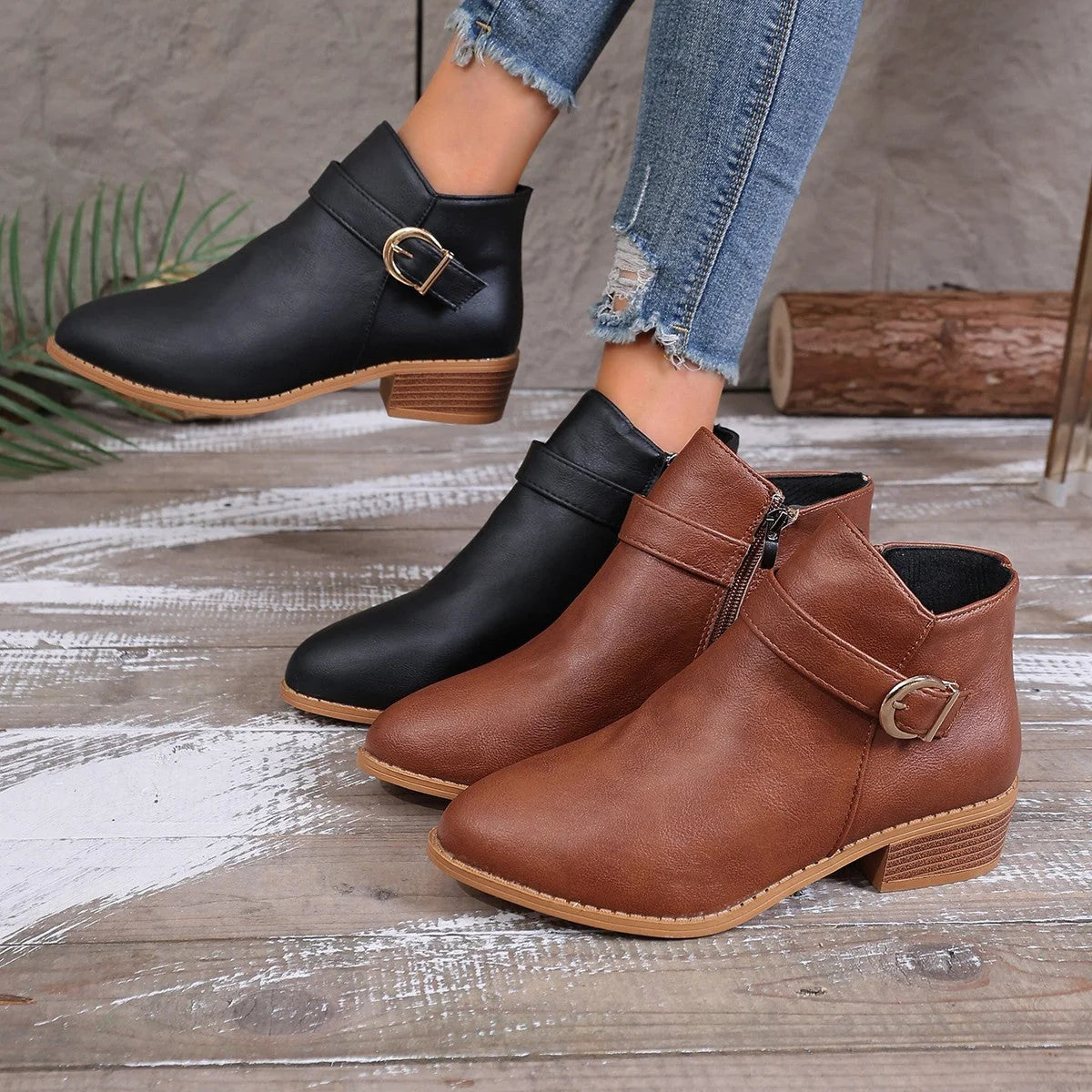 Botines de piel sintética para mujer con cremallera lateral