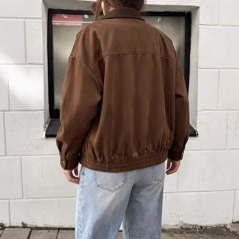 Chaqueta de mujer de ante sintético con cuello de pana