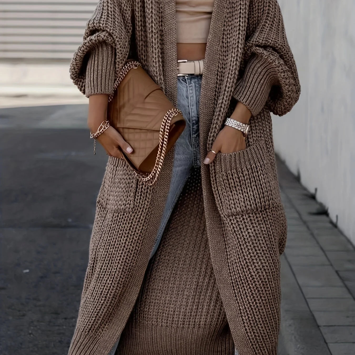 Cardigan maxi de punto fino para mujer con bolsillos laterales