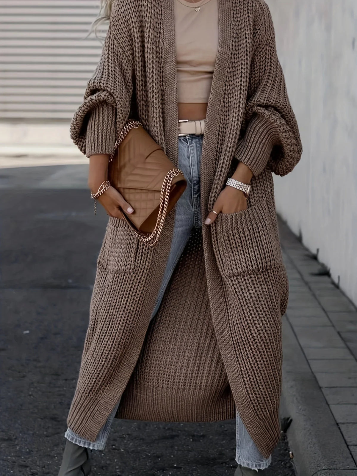 Cardigan maxi de punto fino para mujer con bolsillos laterales