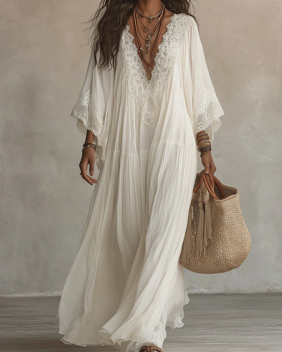 Vestido largo de mezcla de lino para mujer con mangas de encaje