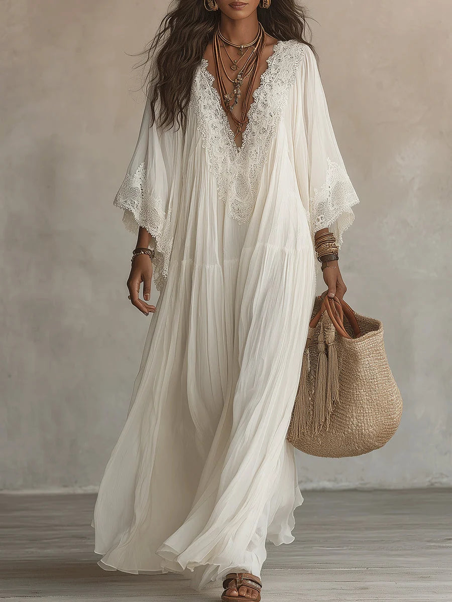 Vestido largo de mezcla de lino para mujer con mangas de encaje
